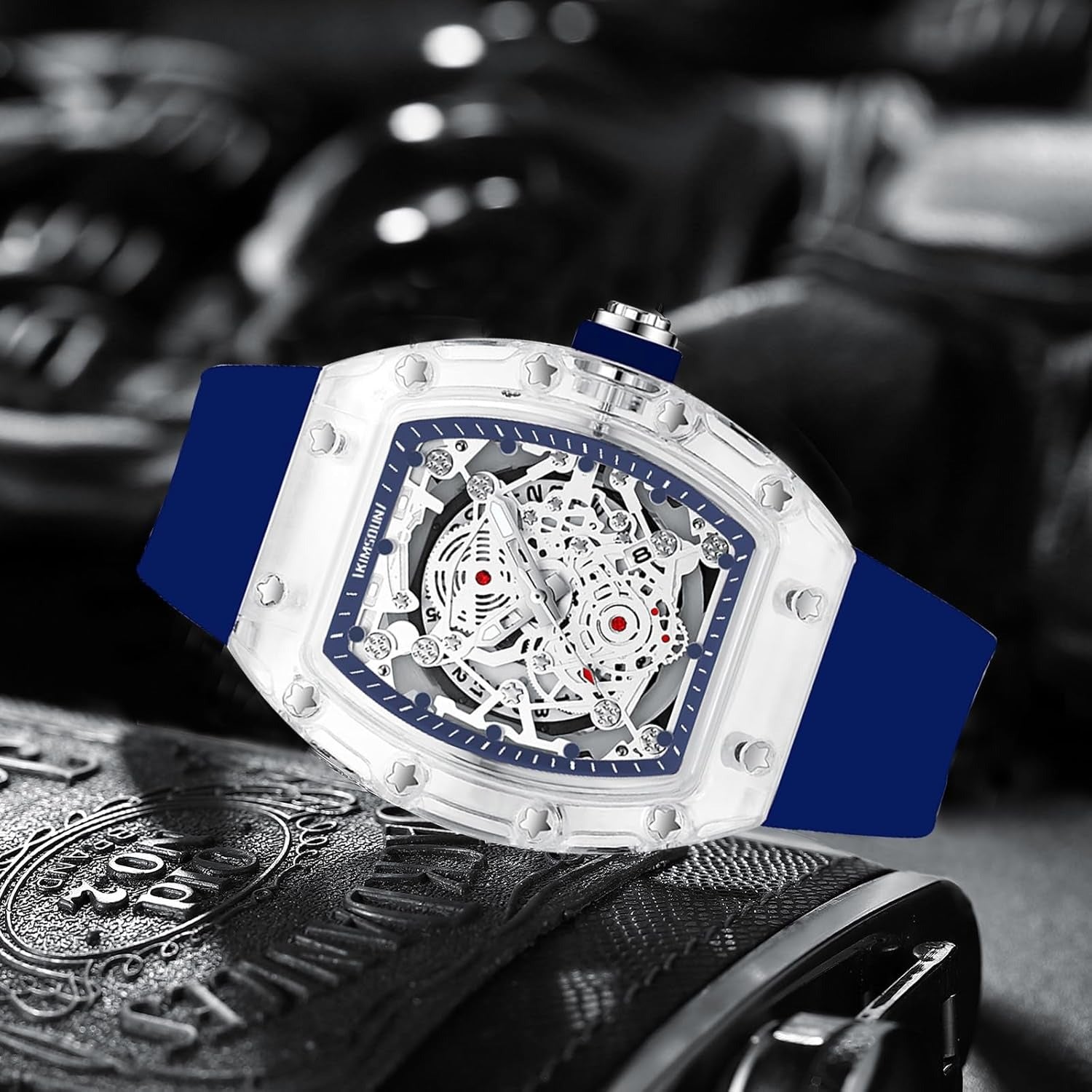 Fashion Hollowed Men Watches Tonneau Transparent Analog Display Silicone Strap Calendar Quartz Waterproof Trend Male Wrist Watch